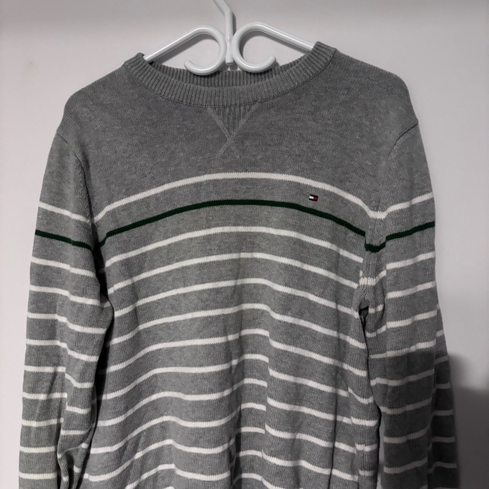 Tommy Hilfiger Gray Striped Crewneck Sweater Classic Cotton Knit Casual Pullover